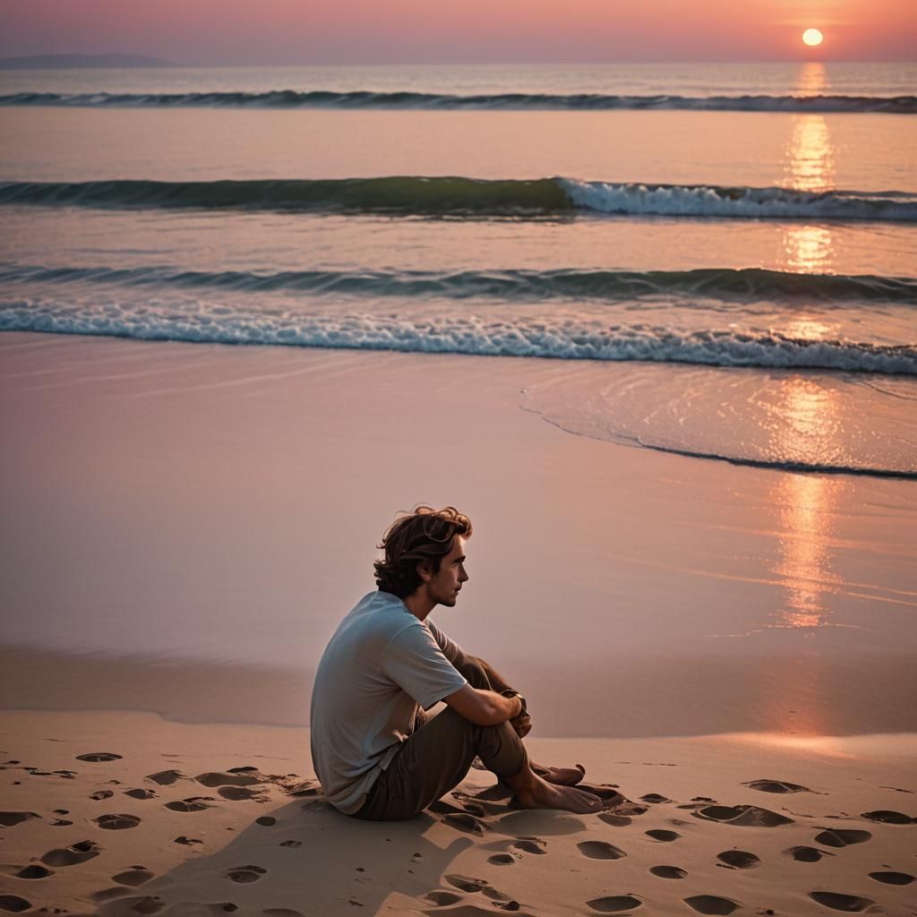 Contemplative Man Gazing at Sunset on Beach