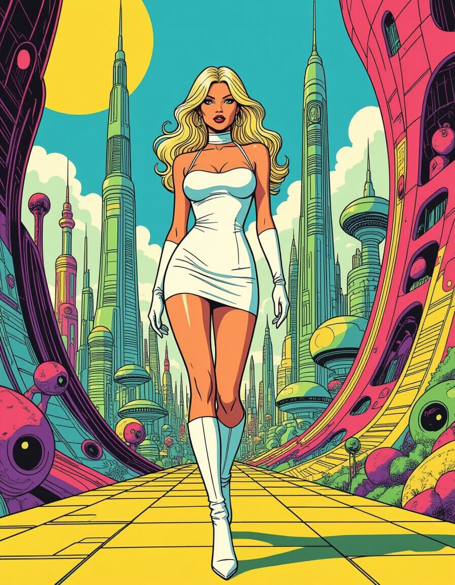 Alien City Exploration in Ligne Claire Comic Style