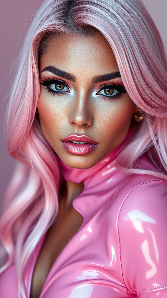 latina egirl in pink latex suit with long pastell pink hair ...