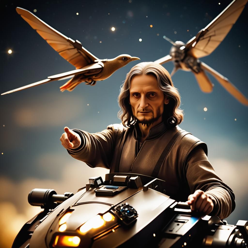 (Professional Photograph Portrait Bokeh Closeup of Leonardo DaVinci piloting a science fiction futuristic spaceship tank...