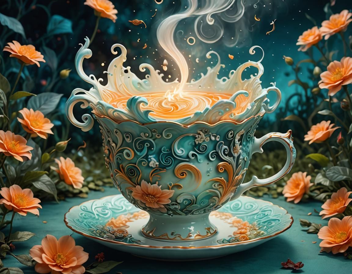 Tea Storm in Moonlit Garden: Whimsical Fantasy Art