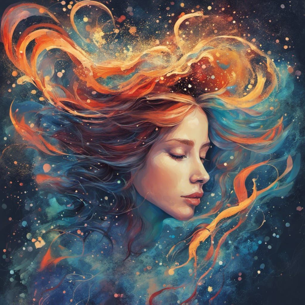 Girl Surrounded by Magic Sparkles in Abstract Art