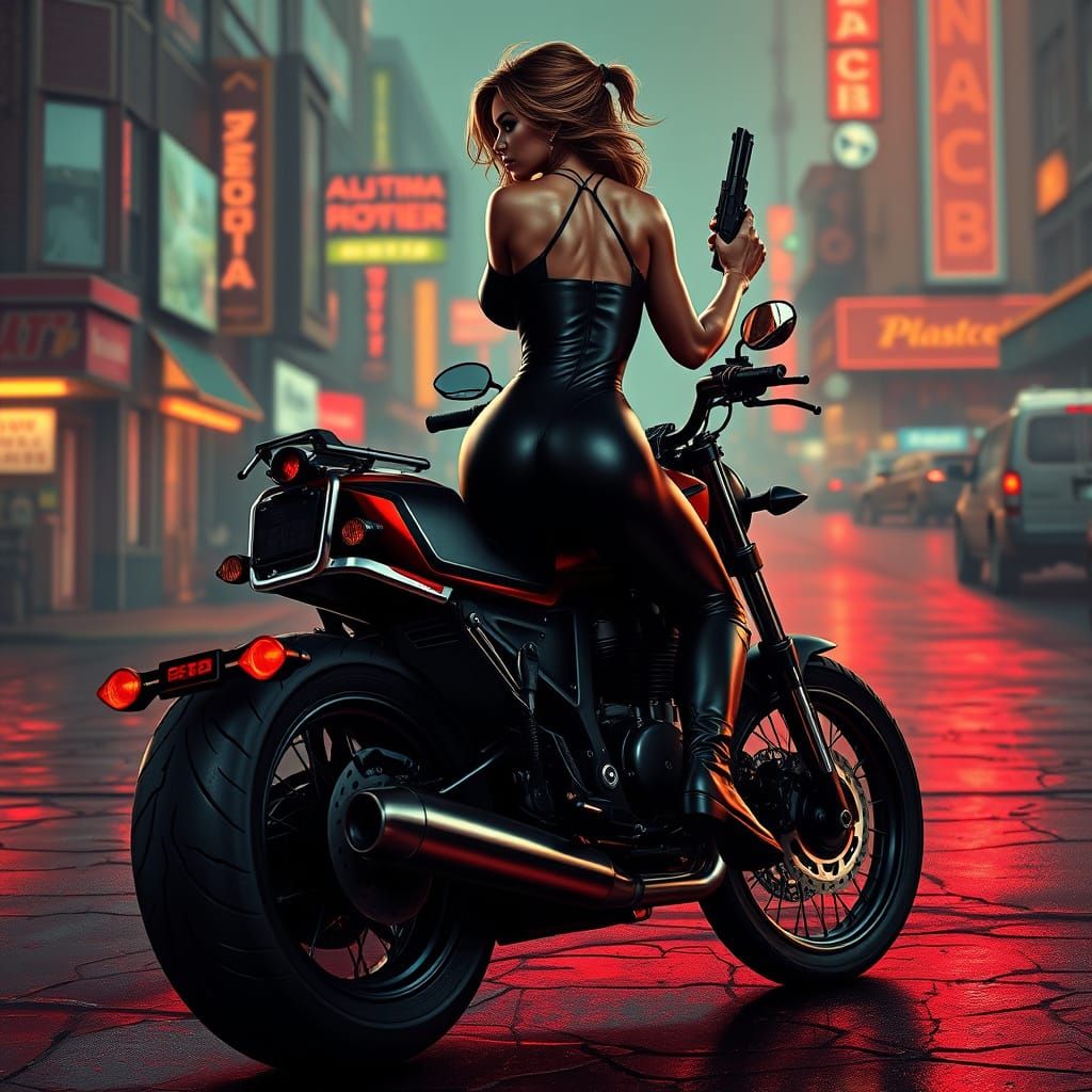 Gritty Biker Goddess Revving Engine in Neon-Lit Dystopian Ci...
