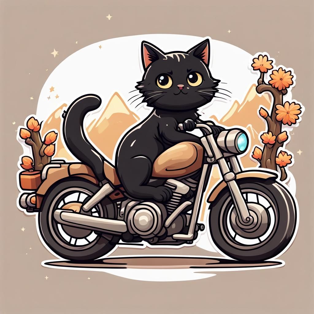 Kawaii Chibi Black Cat Motorcycle Tour in Cartoon Style