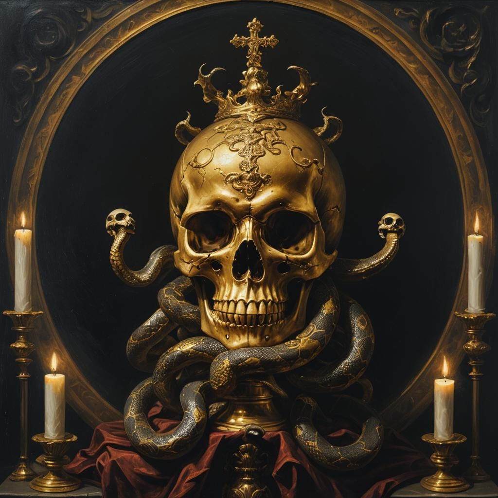 Gothic Golden Skull with Snakes in Oil Painting