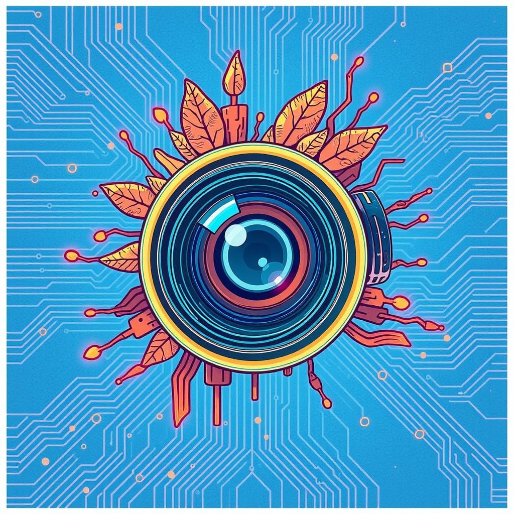 Futuristic Camera Lens with Electric Blue Accents and Circui...