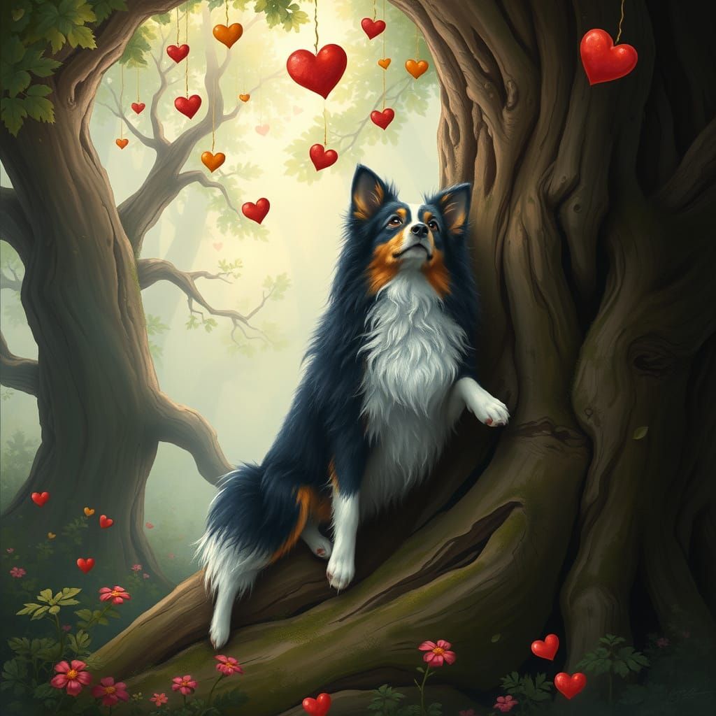 Fairytale Bi Bleu sheltie fairy In a Beautiful Fairy Forest Sitting leaning up looking at ....... with hind legs next to...