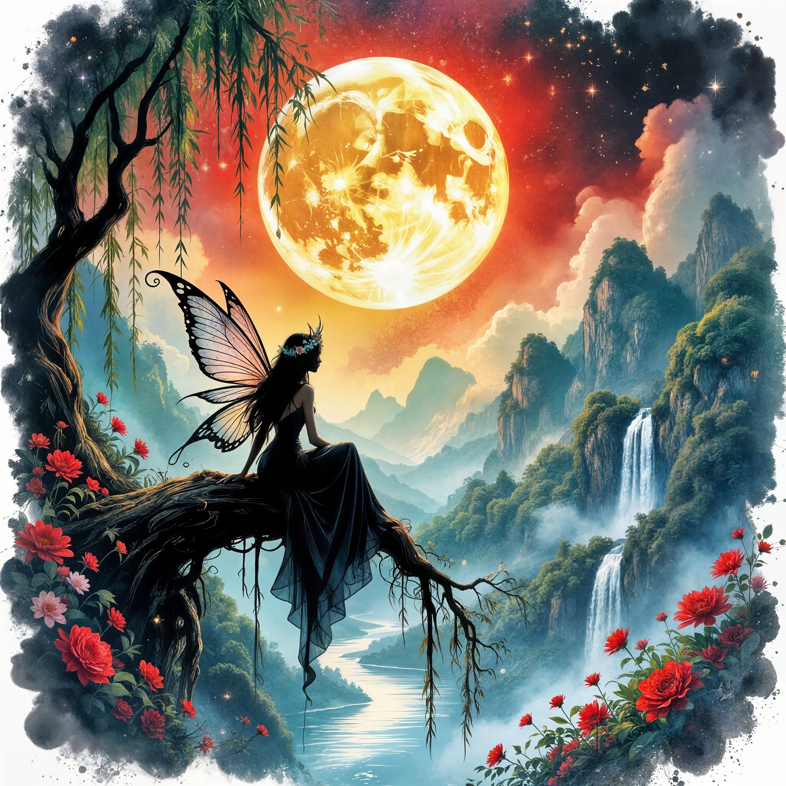 an 8K illustration of a fairy queen sitting on a willow bran...
