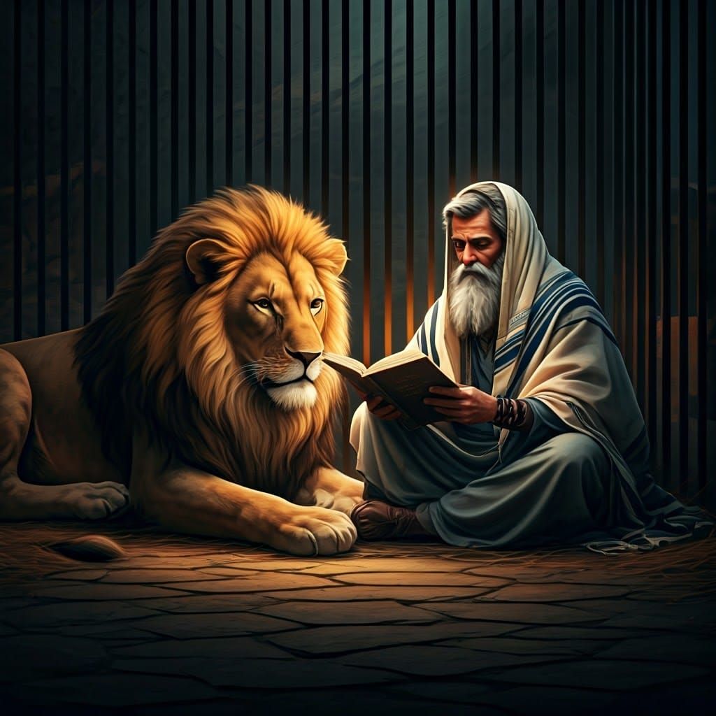 Righteous Man Surrounded by Adoring Lions in a Fantastical S...