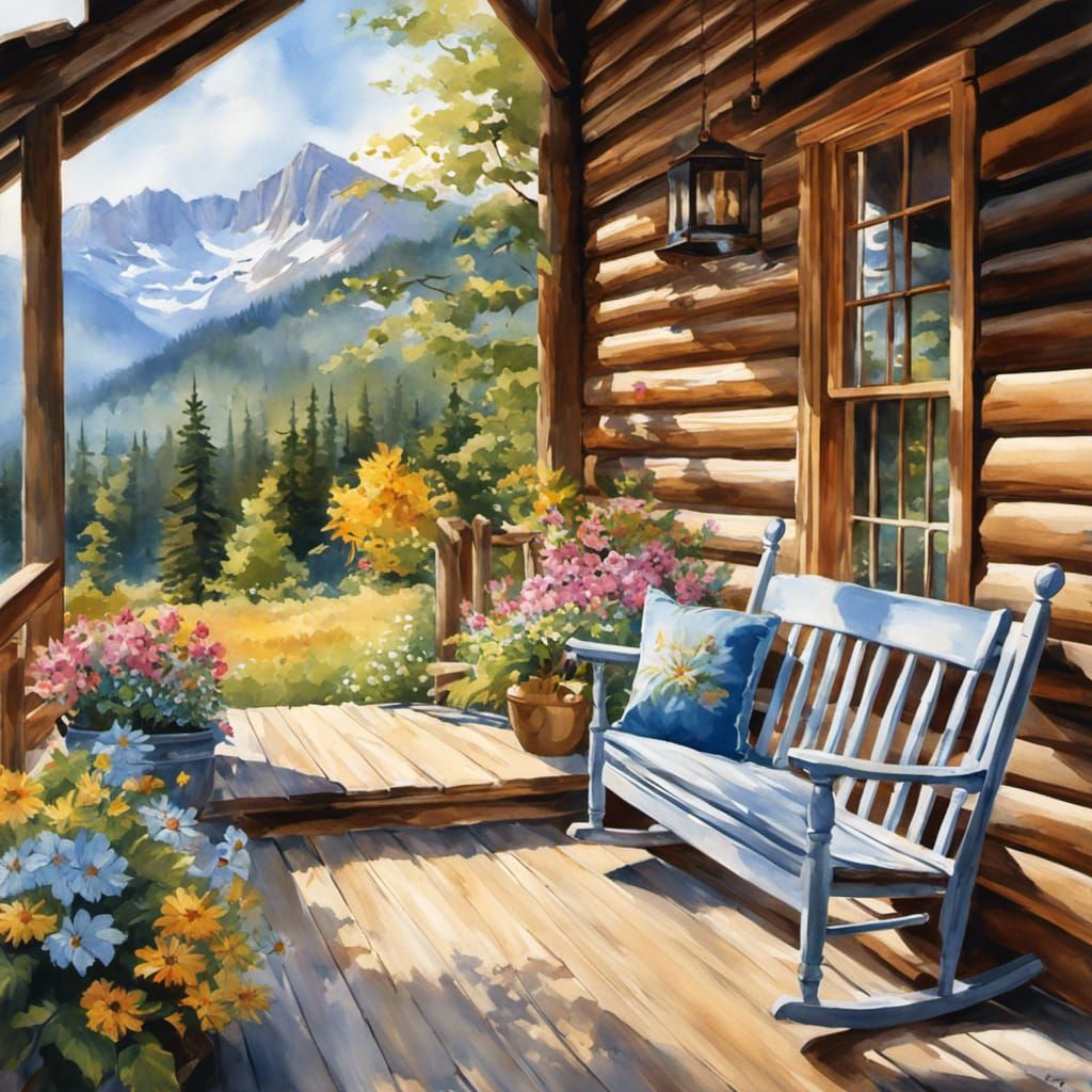 Rustic Mountain Cabin Front Porch in Watercolor