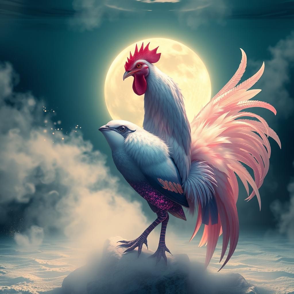 Ethereal Orca-Rooster Hybrid in Moonlit Aquarium