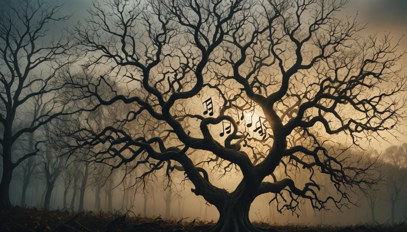 Musical Note Tree in Misty Forest: Digital Art