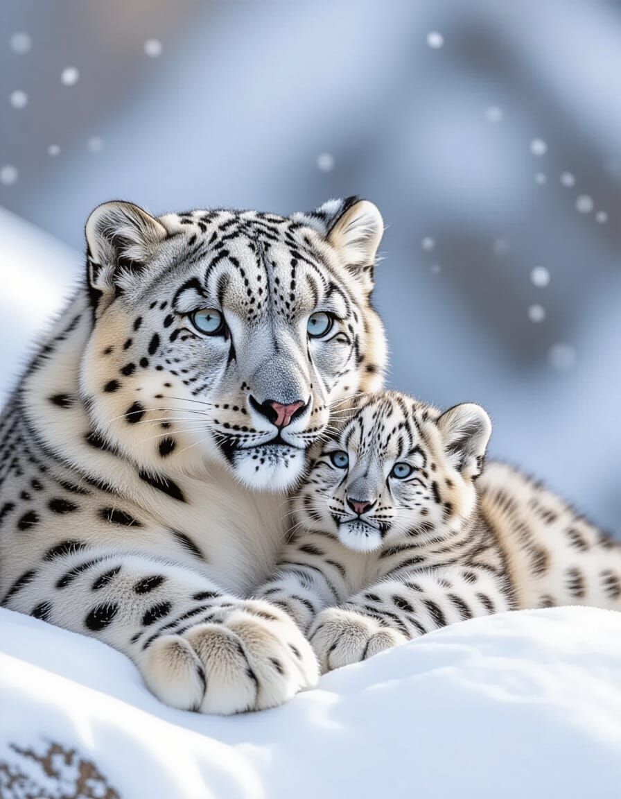 Snow Leopard Mother and Cub on Snowy Mountain Ledge