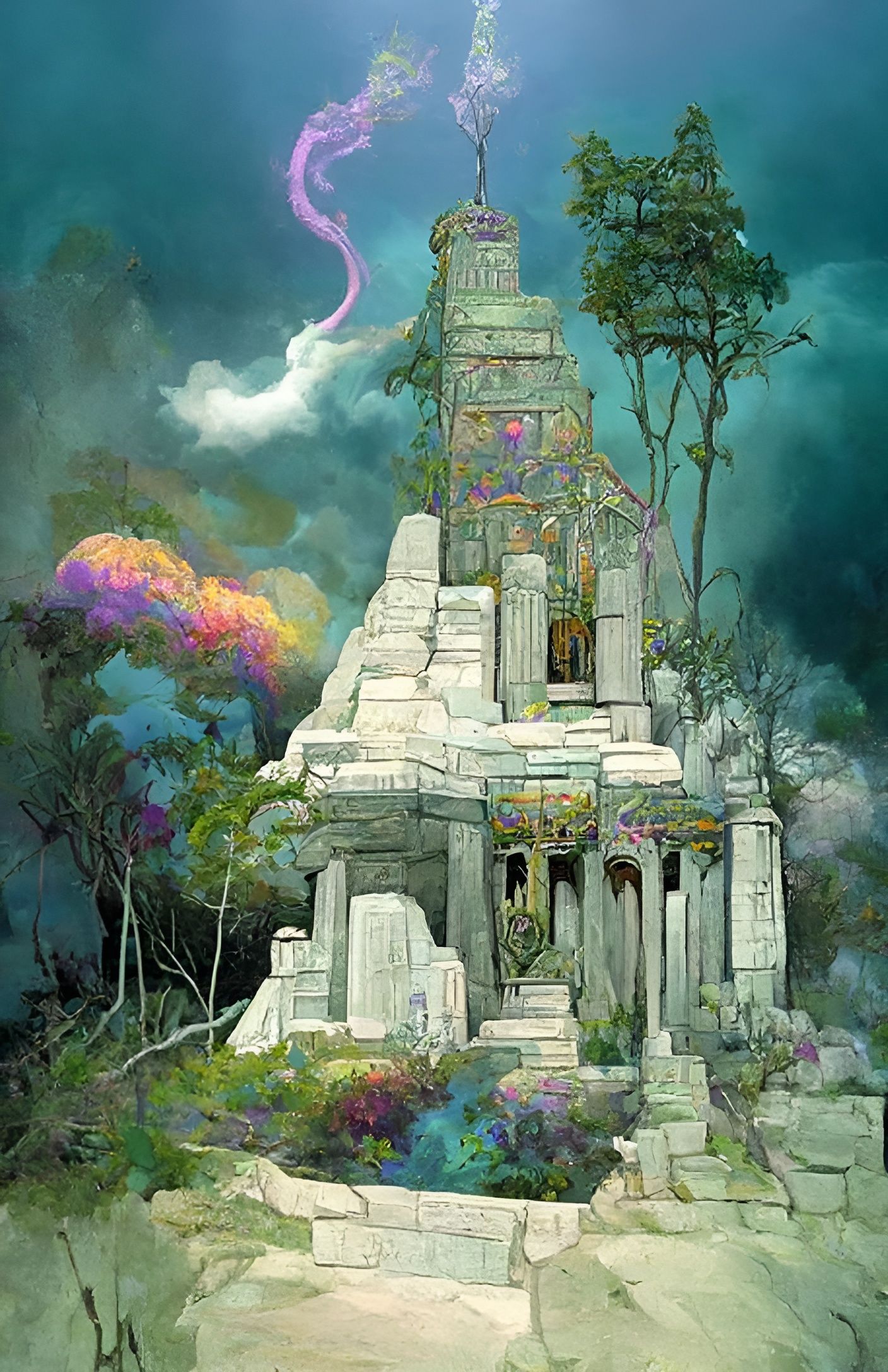 Detailed Fantasy Temple in Art Nouveau Style