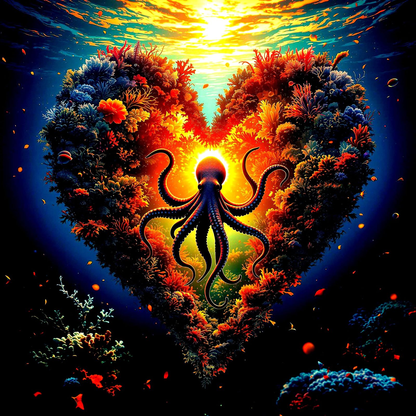Surreal Underwater Dreamscape with Octopus Heart Silhouette