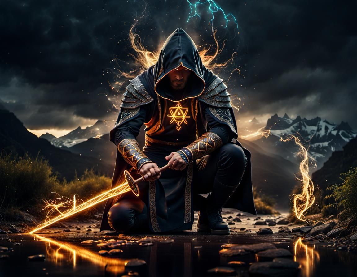 Hooded Warrior Unleashing Magical Attack, Fantasy Art