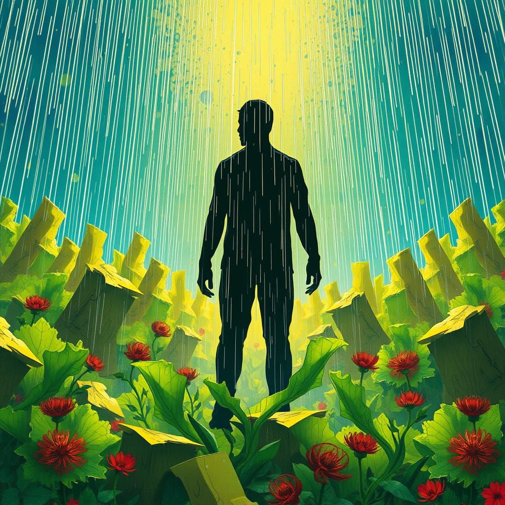 Silhouette in Rainy Landscape, Gouache Painting Style