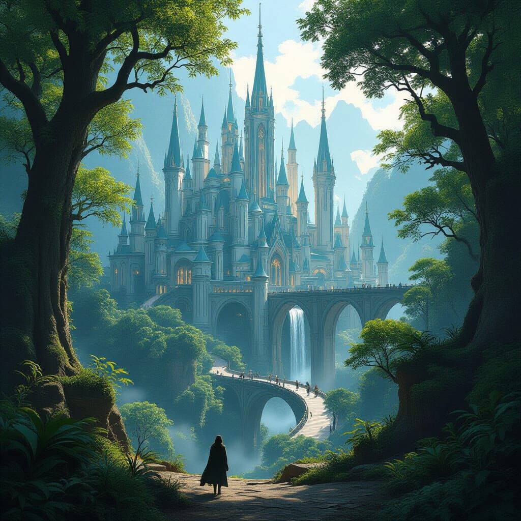 Elven City in Ancient Forest, Detailed Digital Art