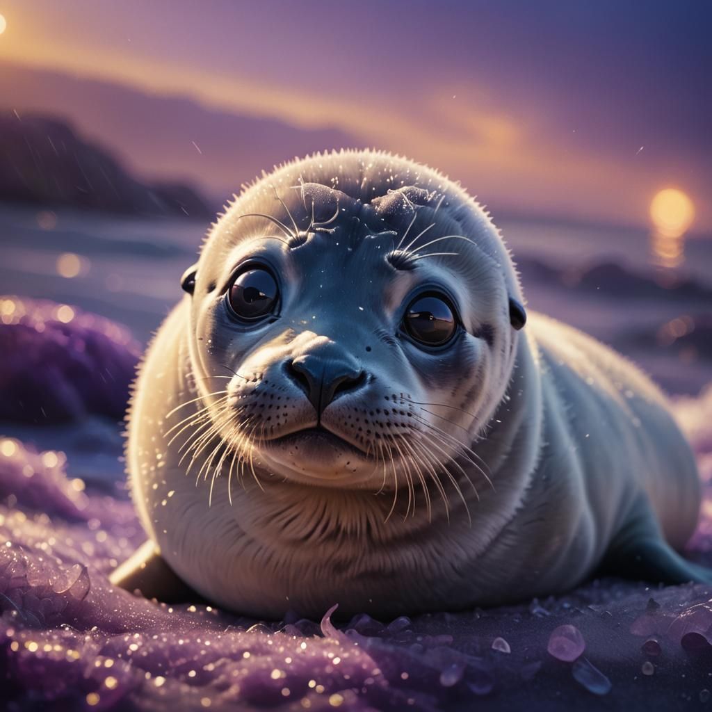 Cute Baby Seal in Dreamy Sunset: Digital Art