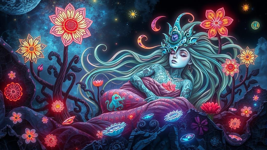 Bioluminescent Garden with Mirrored Roots and Glowing Prince