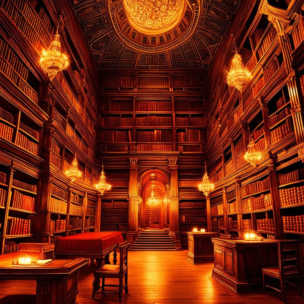 Grand Ancient Library with Towering Shelves