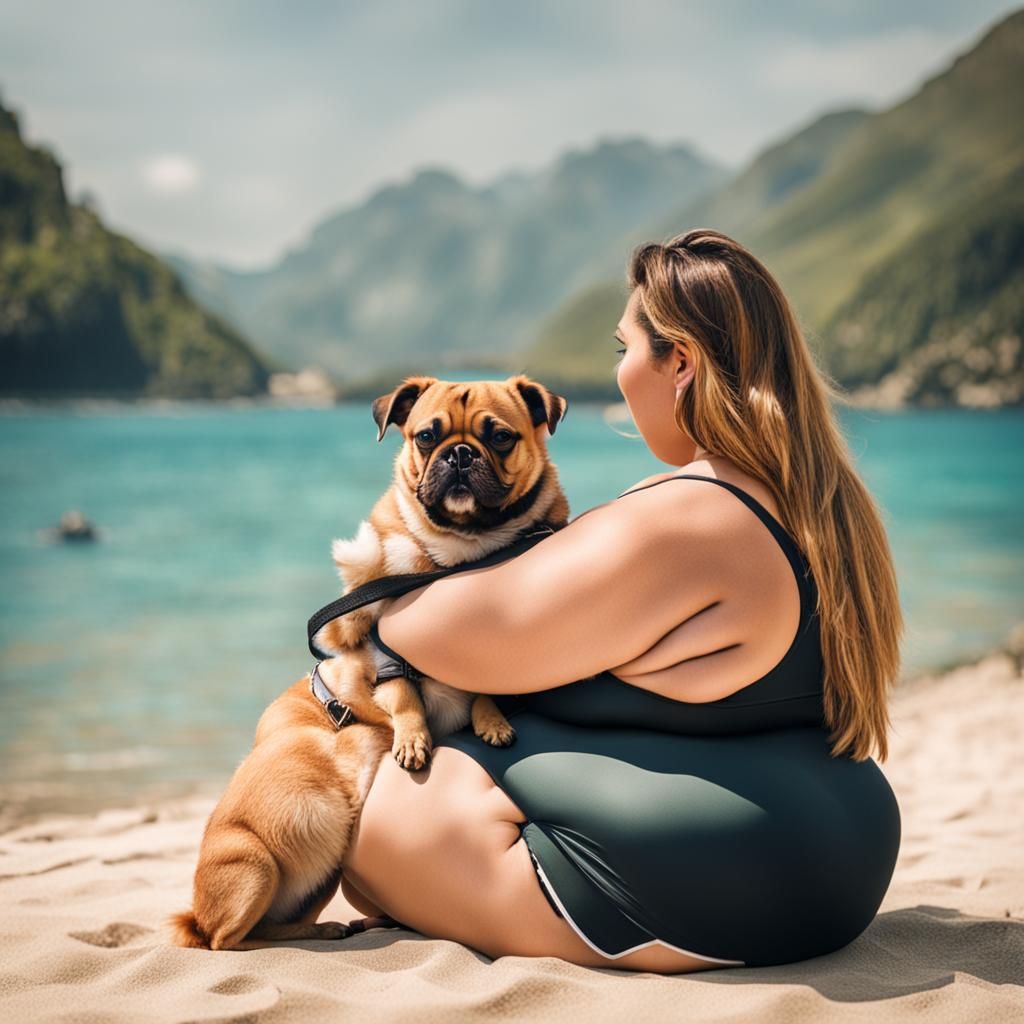 Curvy Woman Relaxing in Bikini with Dog