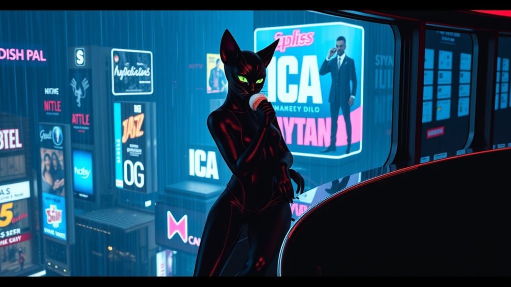 Cyberpunk Cat-Woman in Neon Lounge with Ice Cream