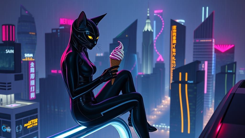 Cat-Woman Savoring Ice Cream in Cyberpunk Cityscape