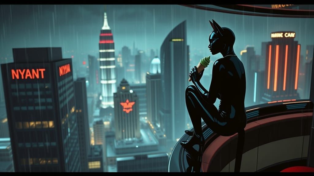 Cyberpunk Cat-Woman Lounging Above Rainy Cityscape