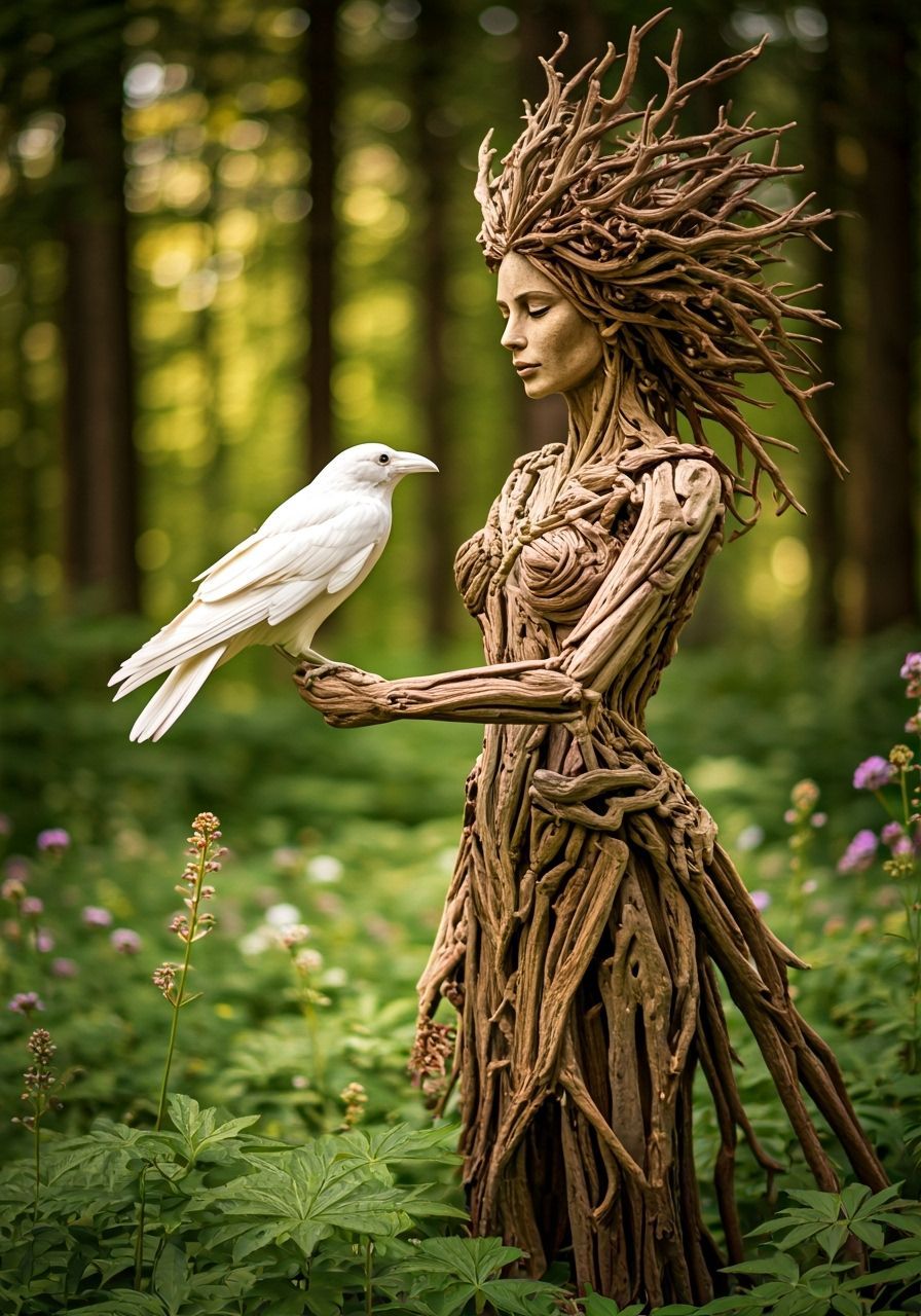 Albino Raven and Driftwood Dryad in Enchanted Forest