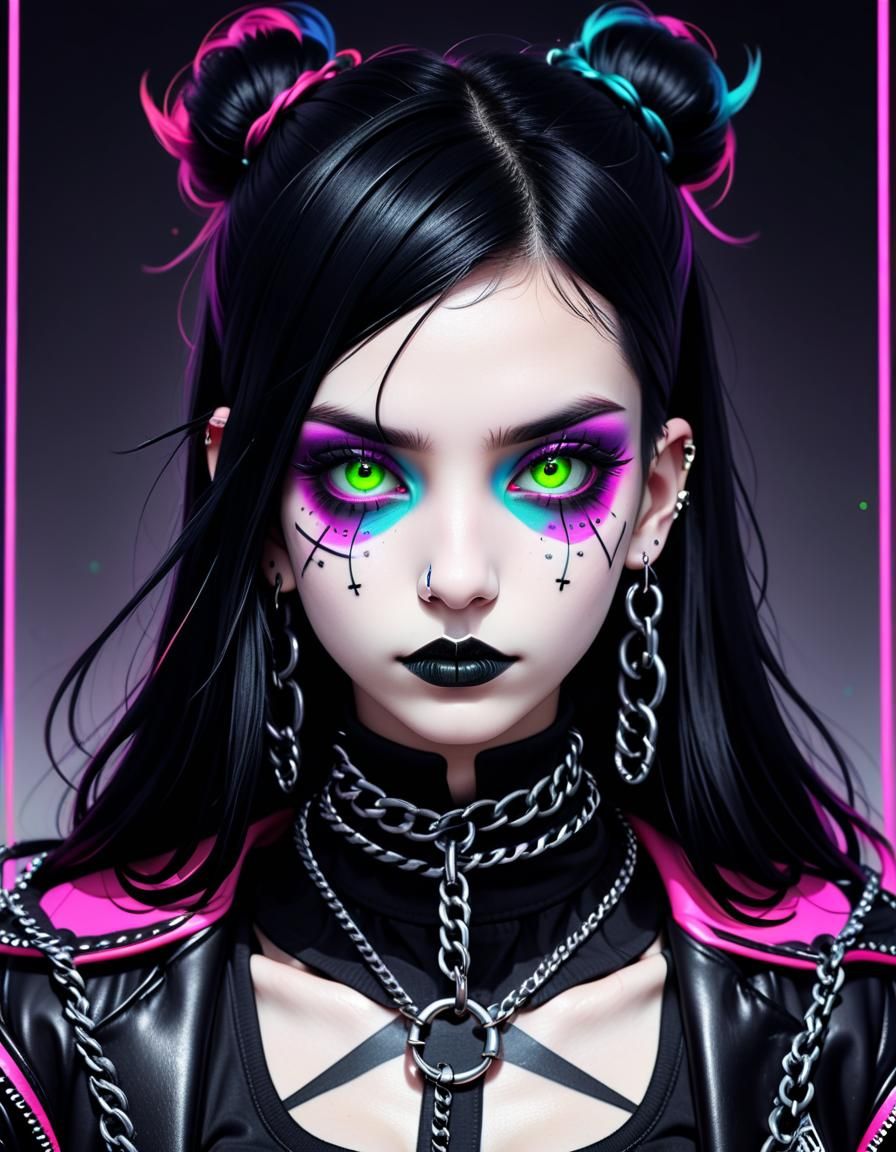 Edgy Goth Anime Girl with Neon Piercings