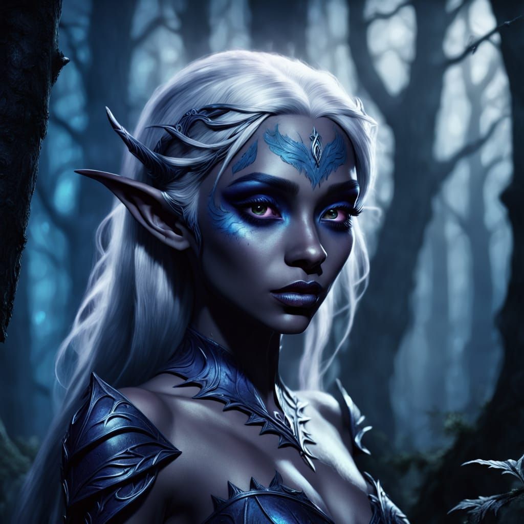 Drow Elf in Dark Forest: Gothic Fantasy Art