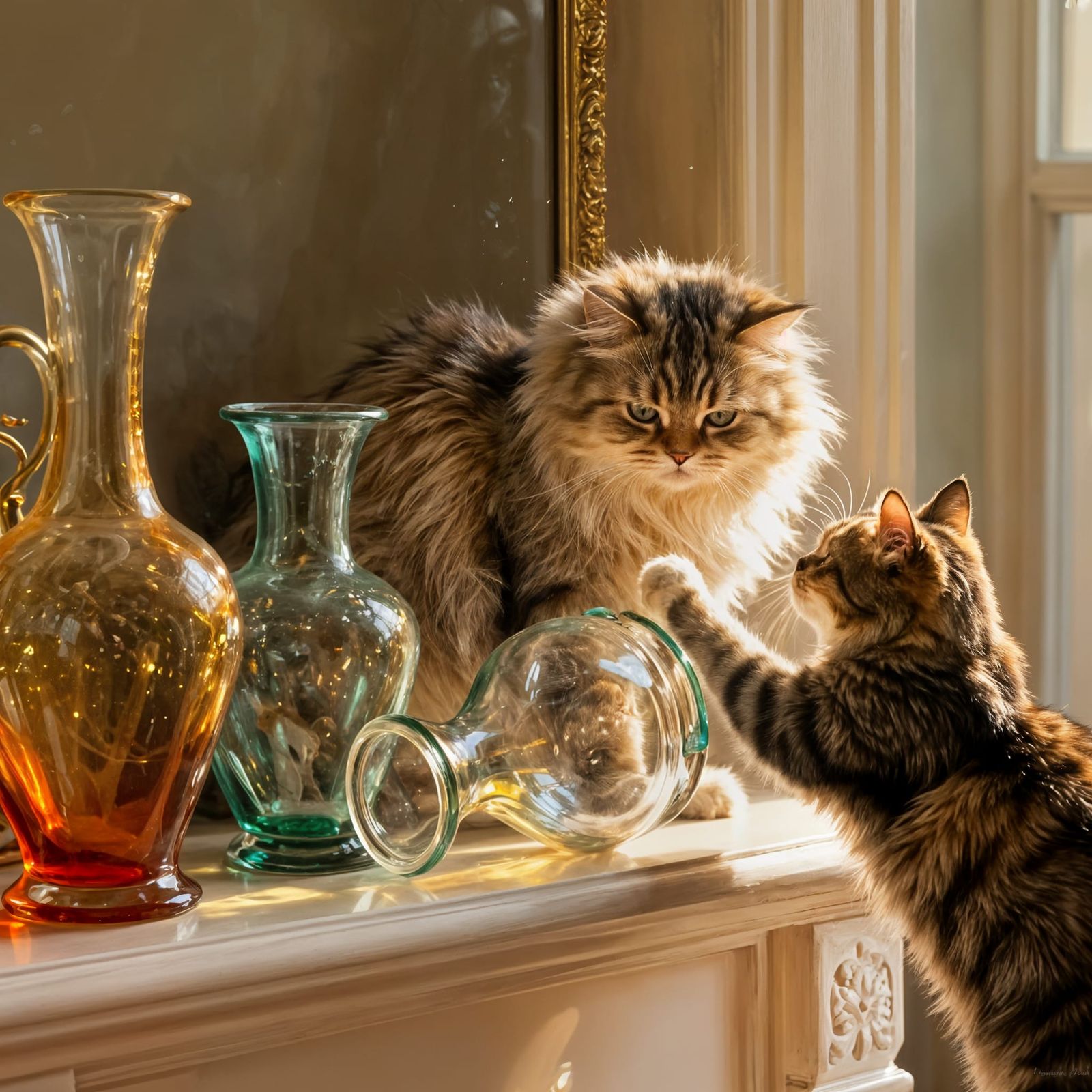 Persian Cat Knocks Over Glass Vase on Mantle
