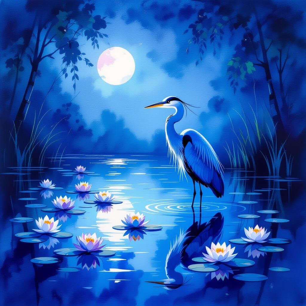 Blue Heron at Night Pond in Alcohol Ink Style