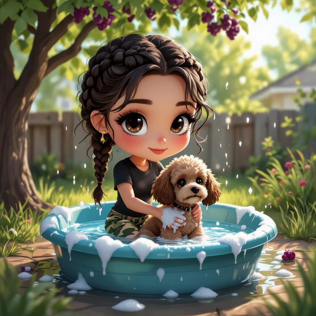 Woman Washes Poodle: Oil Realism in Hyper-Detailed Style