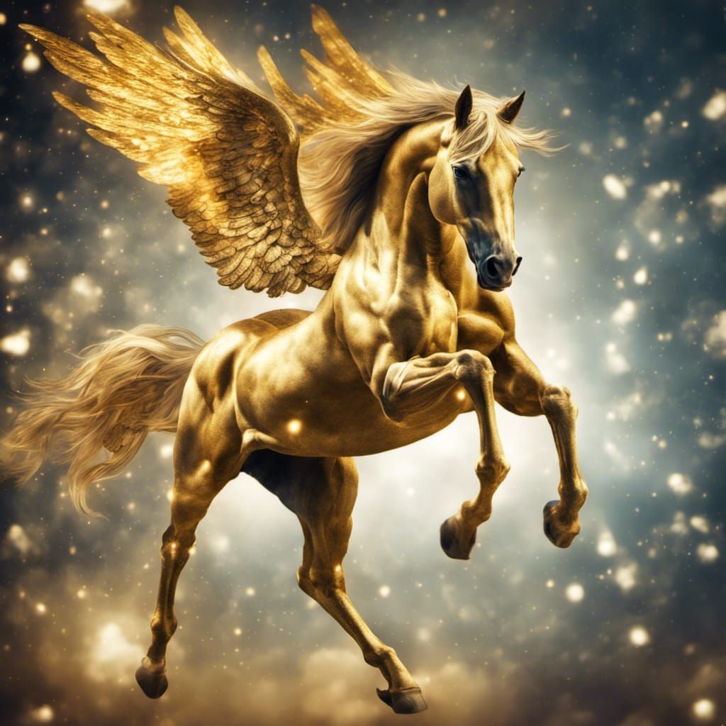 shot of a beautiful enchanted flying golden horse pegasus wi...
