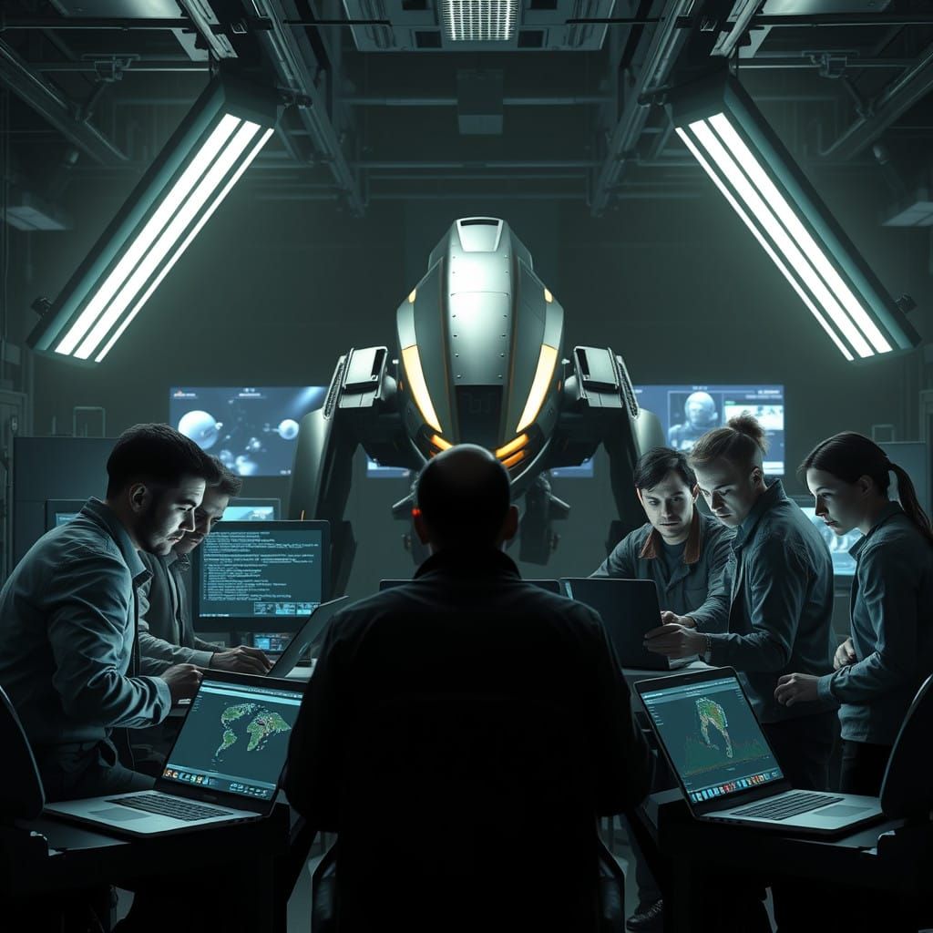 High-Tech Engineers Huddle Around Central Console in Futuris...