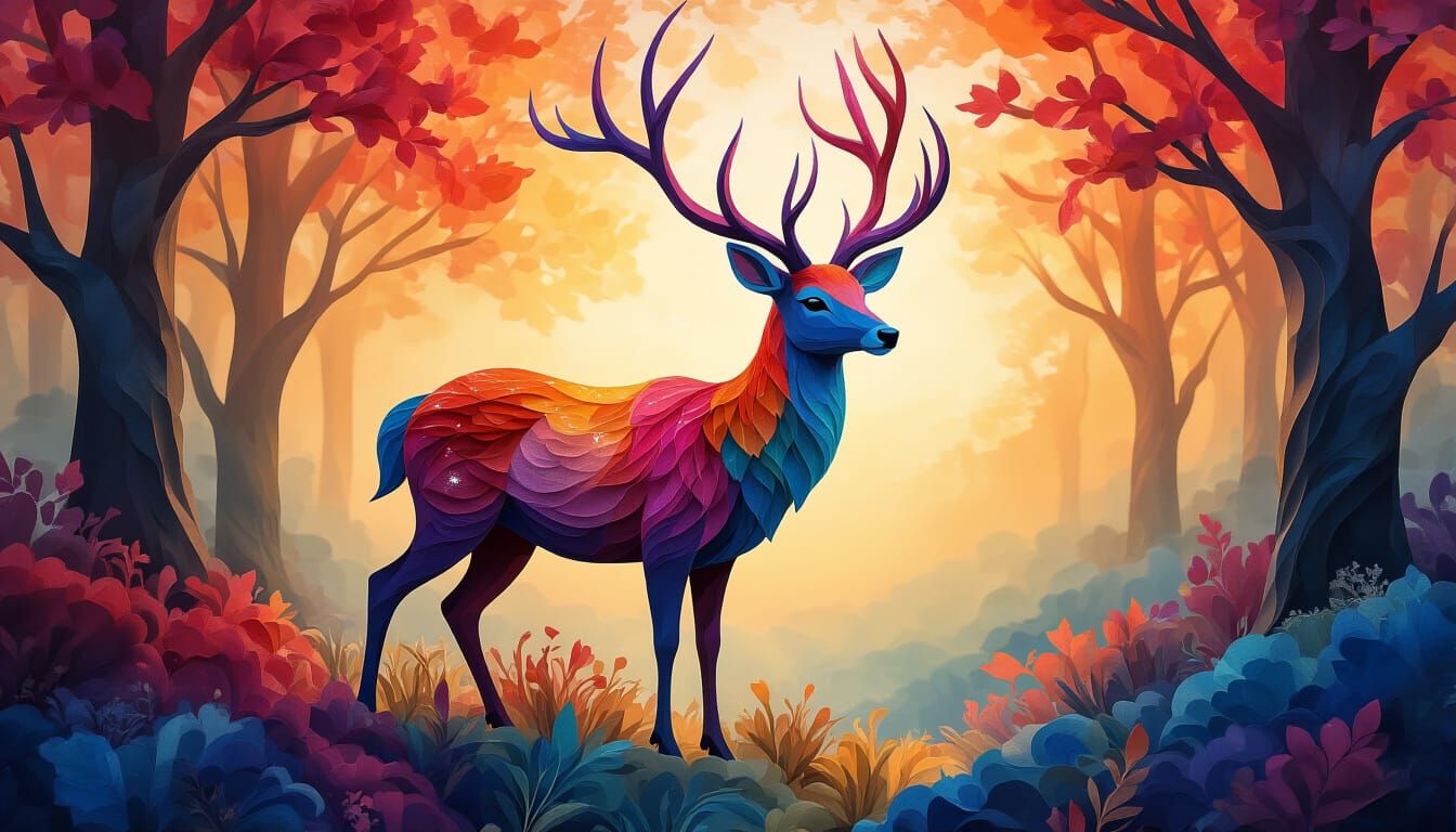 Vibrant Felt Deer Tapestry in Kirigami Style
