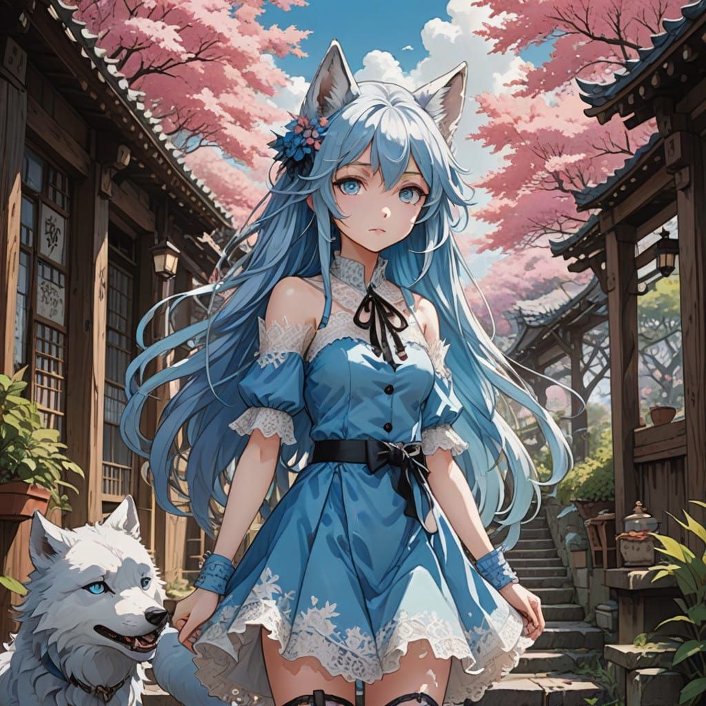 Wolf-Girl in Anime-Inspired Pastel Dress with Boots