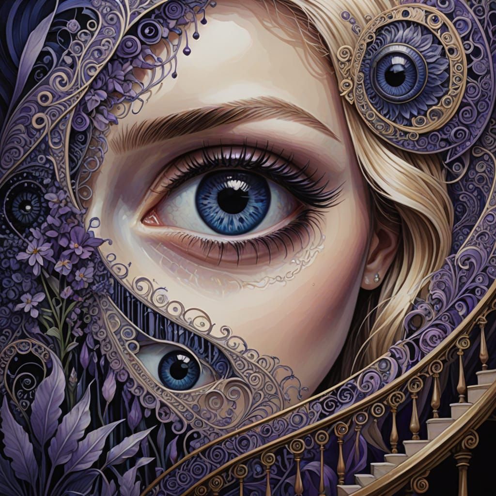 Fantasy Eye with Intricate Staircase and Majestic Woman
