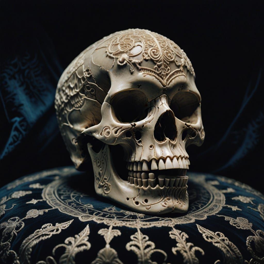 Macabre Celestial Skull on Velvet Cushion in Polaroid Style