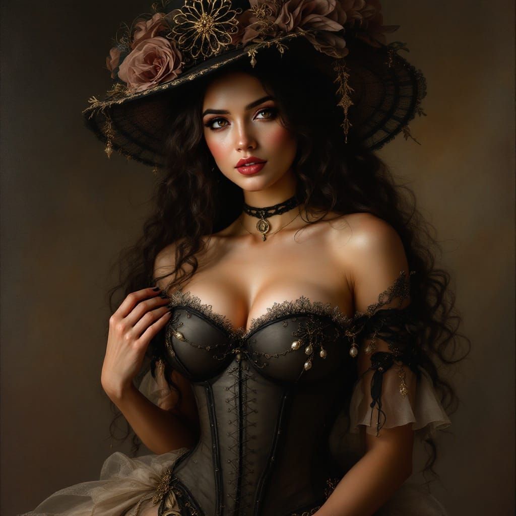 Hispanic Beauty in Victorian Corset, Hyper-Realistic Paintin...