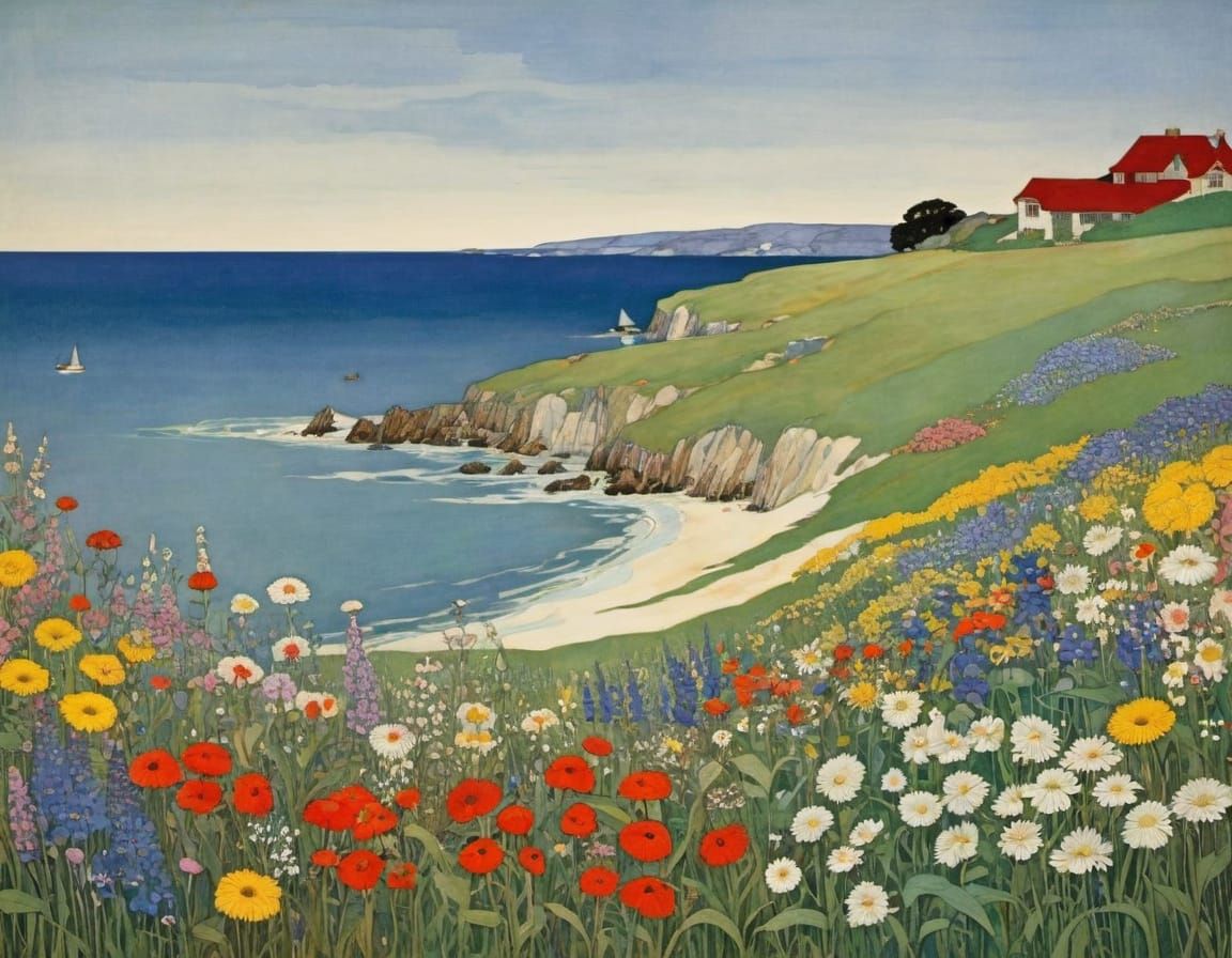 Abstract Wildflowers by the Sea, Fine Art Nouveau Details