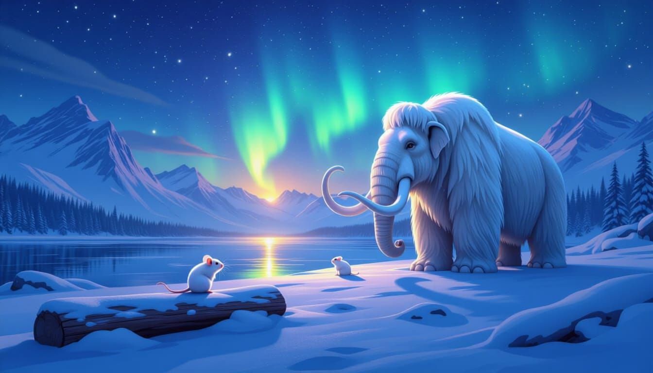 Tiny Mouse & Mammoth in Snowy Mountains with Northern Lights