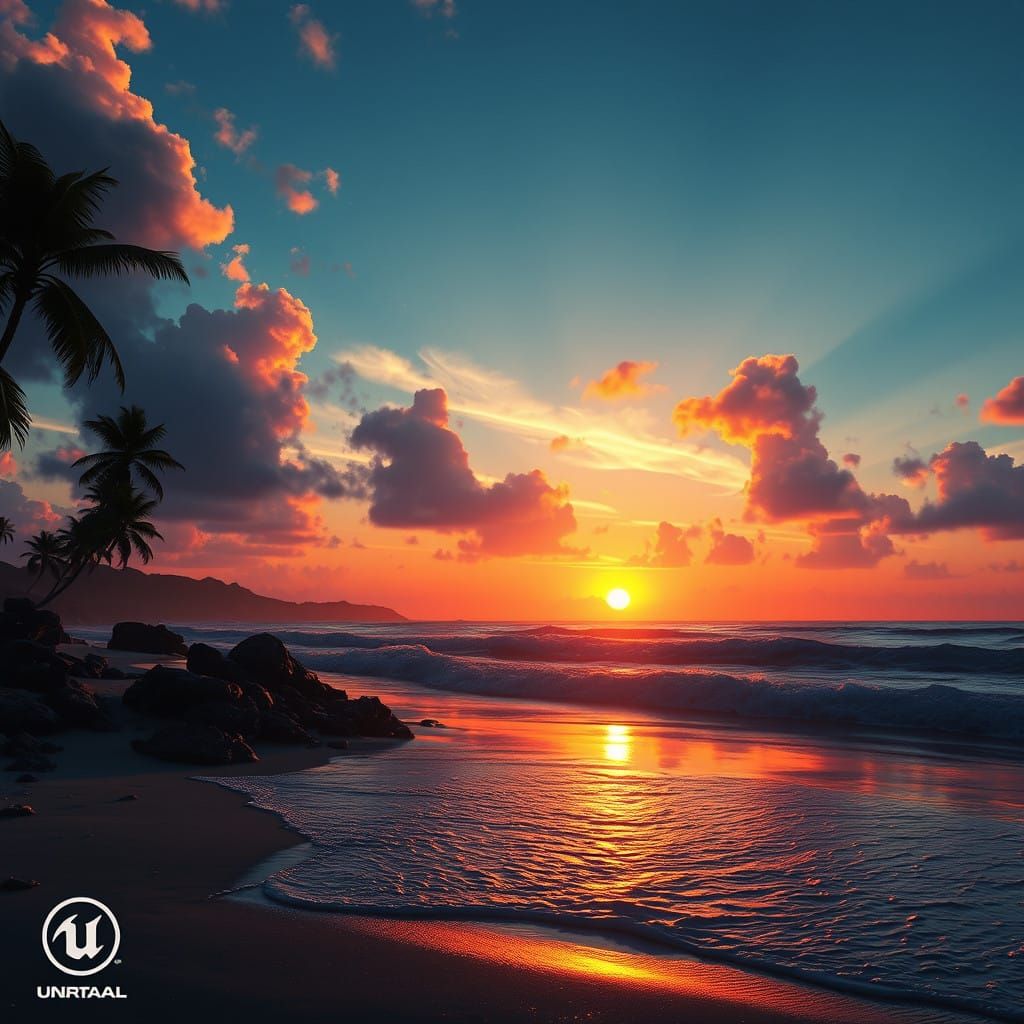 Vibrant Sunset Beach Scene in Epic Fantasy Style