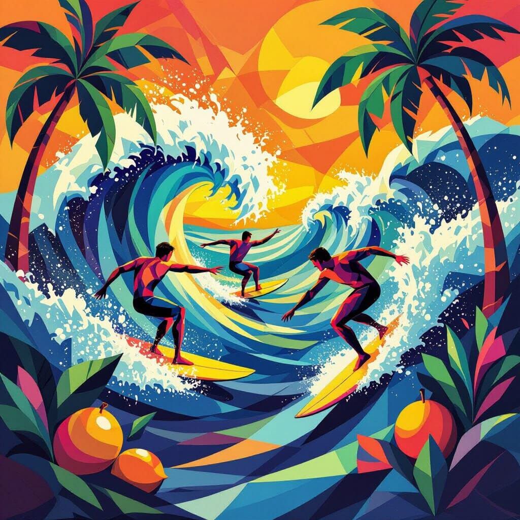 Cubist Paradise: Surfers Ride Geometric Waves