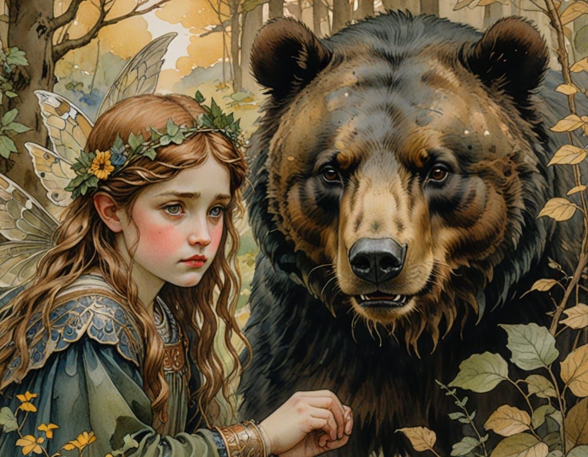 Fairy and Bear in Pre-Raphaelite Watercolour