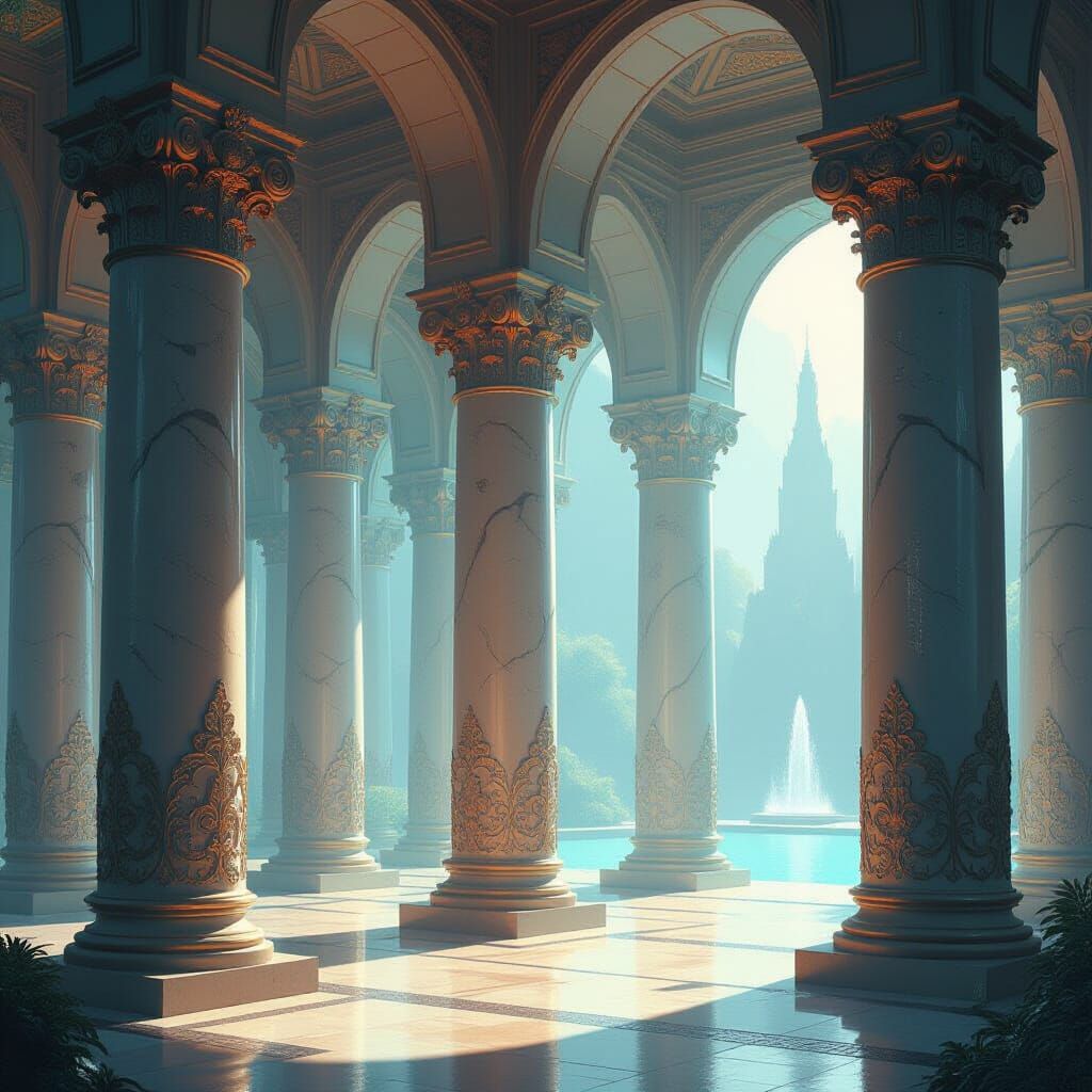 Ethereal Pillars of Light in Retro-Futuristic Style