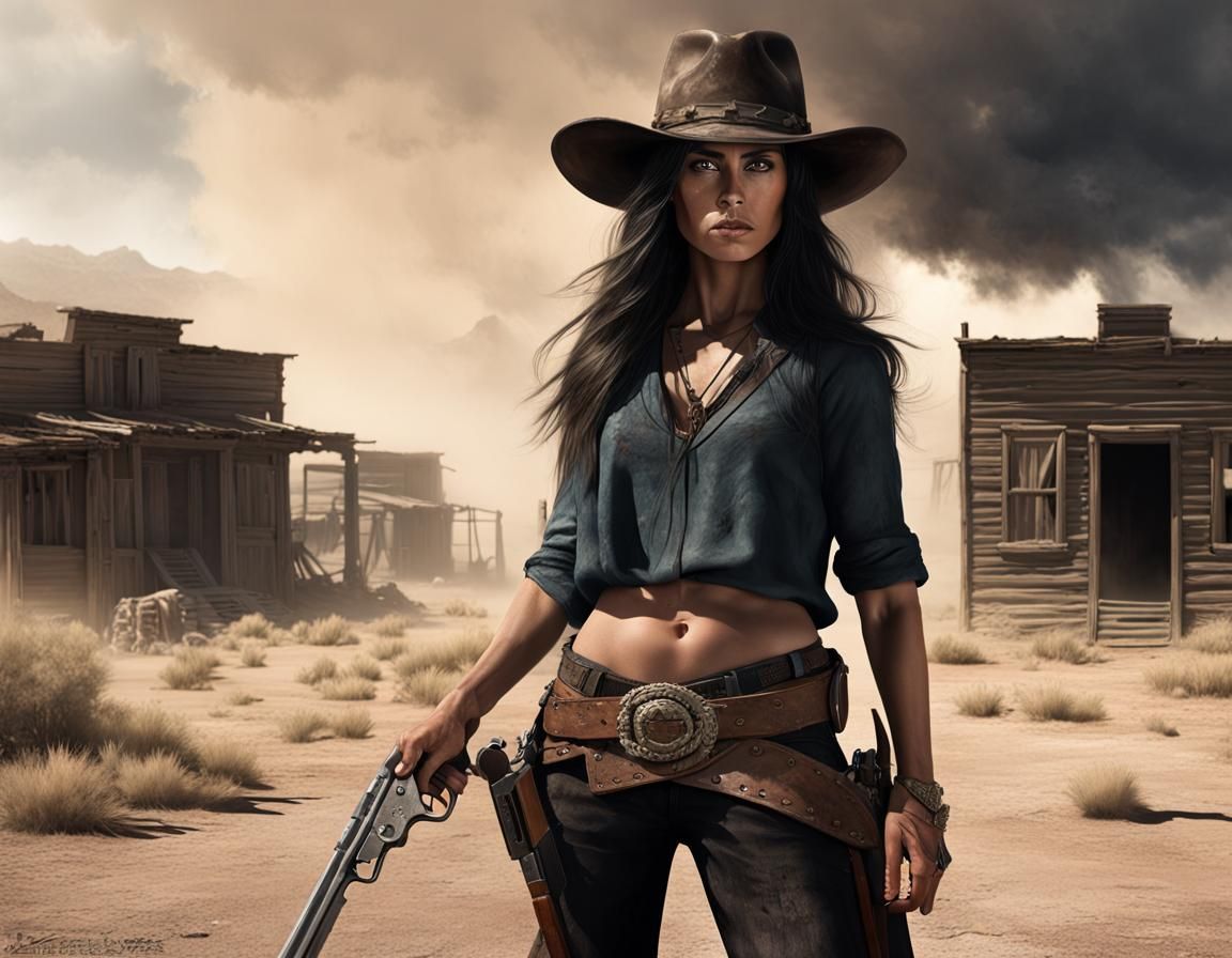 Western Girl in Ghost Town, Photo Realistic Dark Fantasy