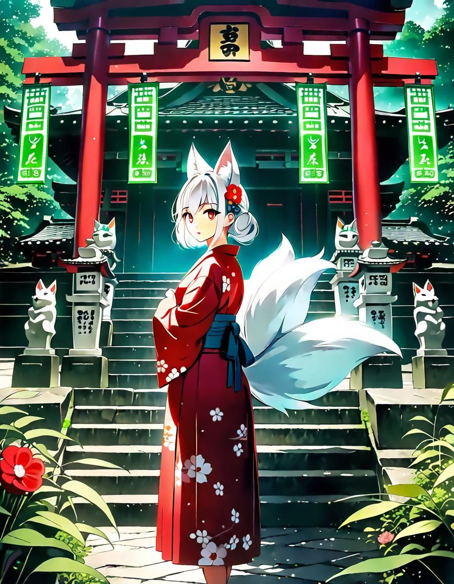 Anime Kitsune Girl at Shinto Shrine in Cel-Shaded Style